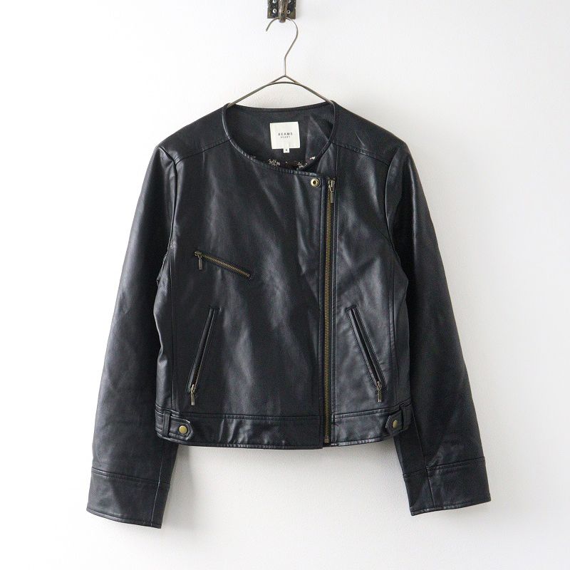 美品 ビームスハート BEAMS HEART ノーカラーフェイクレザーブルゾン M 