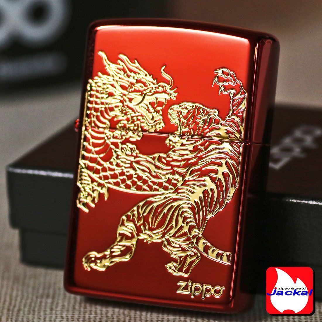 ZIPPO zippo ジッポ-ライター 龍虎赤金 イオンコートレッド 金コンビ