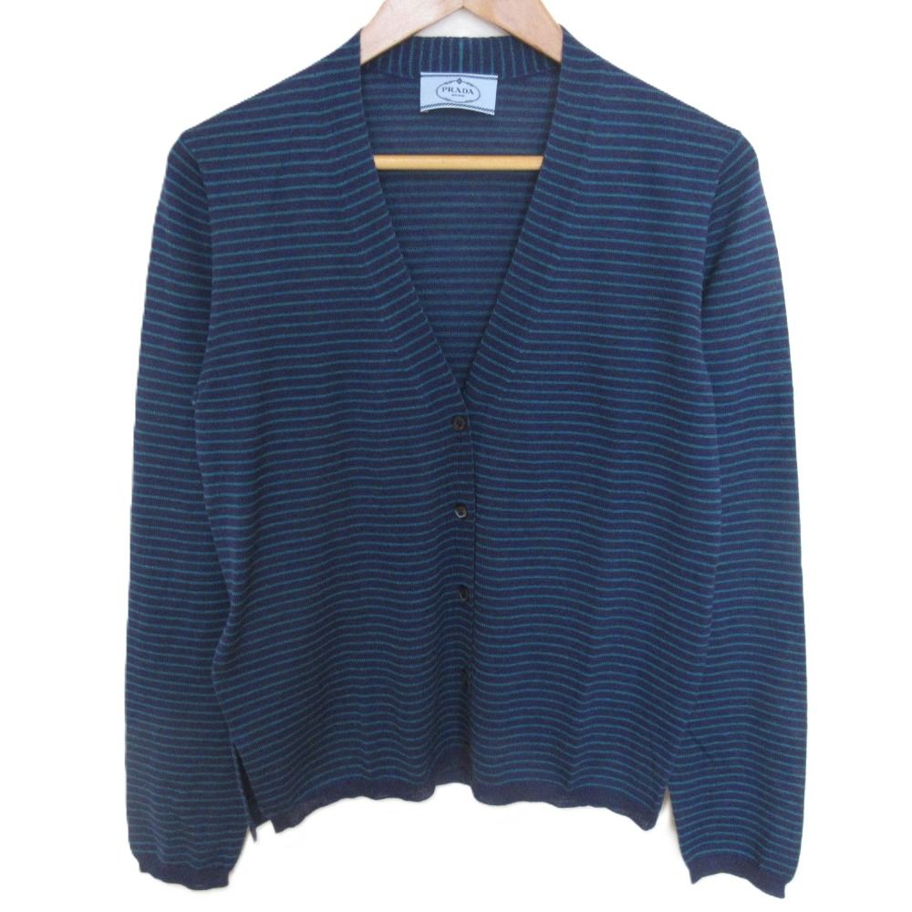 美品 PRADA プラダ ボーダー柄 ウール×シルク カーディガン サイズ42 ネイビー レディース 古着 中古 USED 美品 PRADA プラダ ボーダー柄 ウール×シルク カーディガン サイズ42