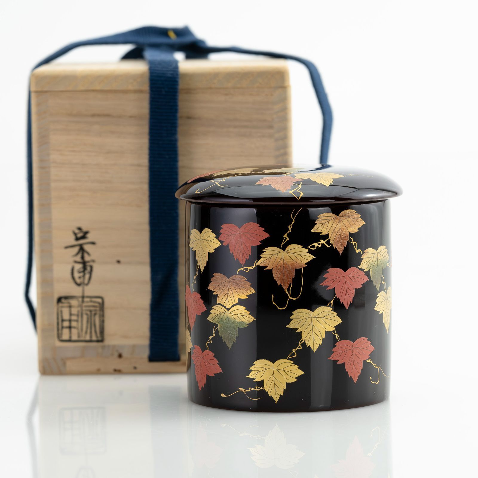 佳香漆匠 二代 前端春斎 菊唐草蒔絵 黒中棗 共箱 茶道具