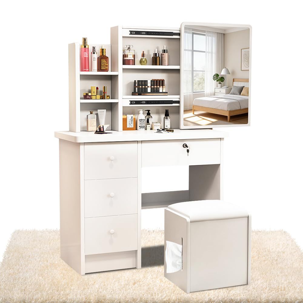 ドレッサー コンパクト テーブル 幅員80cm 大容量収納力 白 女優ミラー 鏡台 化粧台 ホワイト スツール付き モデルv02CH