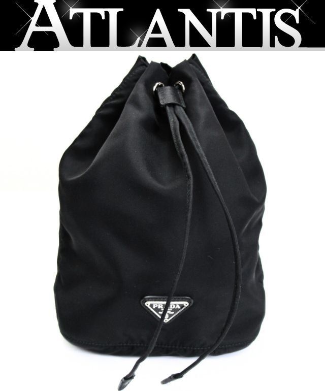 美品 プラダ PRADA 三角ロゴ 巾着 ポーチ ハンドバッグ ナイロン 黒