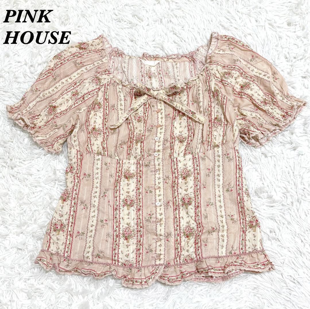 美品】PINK HOUSE パフスリーブ 半袖フリルリボン ブラウス ピンク