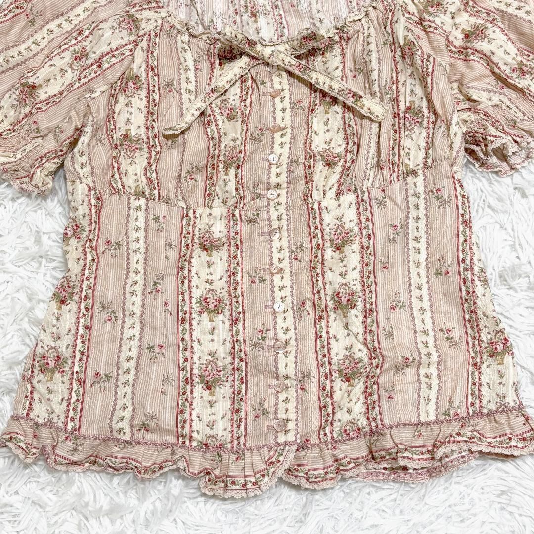 美品】PINK HOUSE パフスリーブ 半袖フリルリボン ブラウス ピンク 