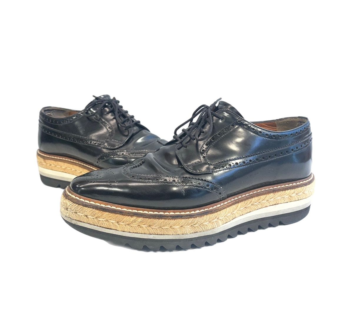 プラダ PRADA ウイングチップ エスパドリーユ プラットフォーム レザー 