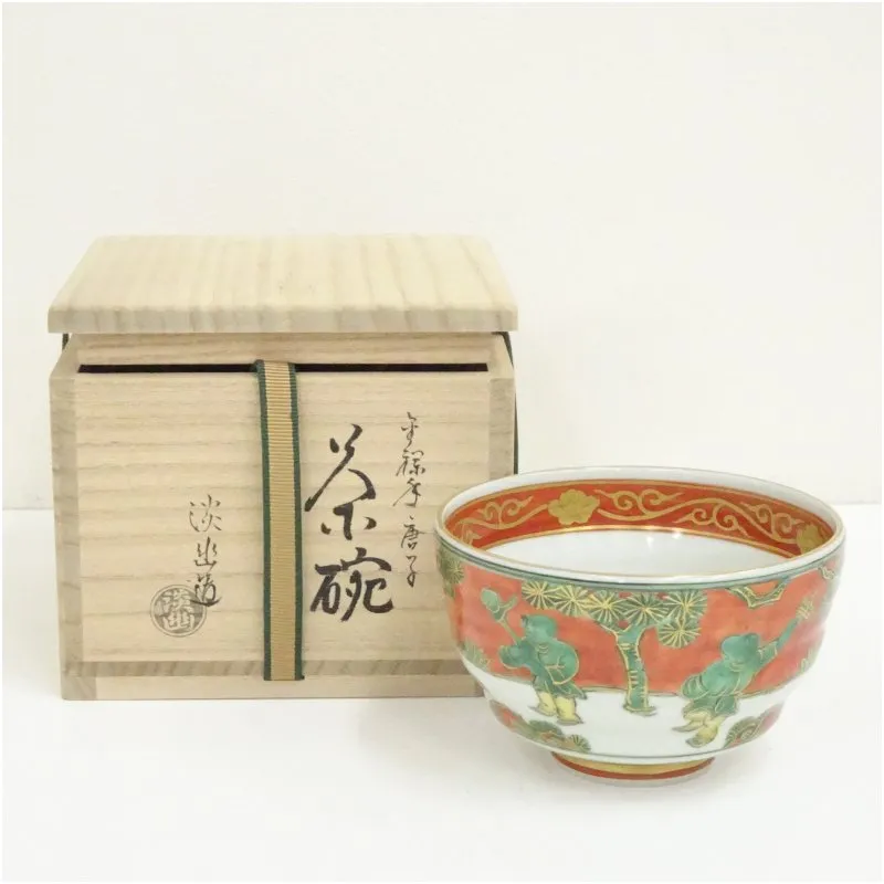 林淡幽造　赤絵七福人茶碗　共箱 茶道具 茶碗茶碗 色絵 山寺 林淡幽