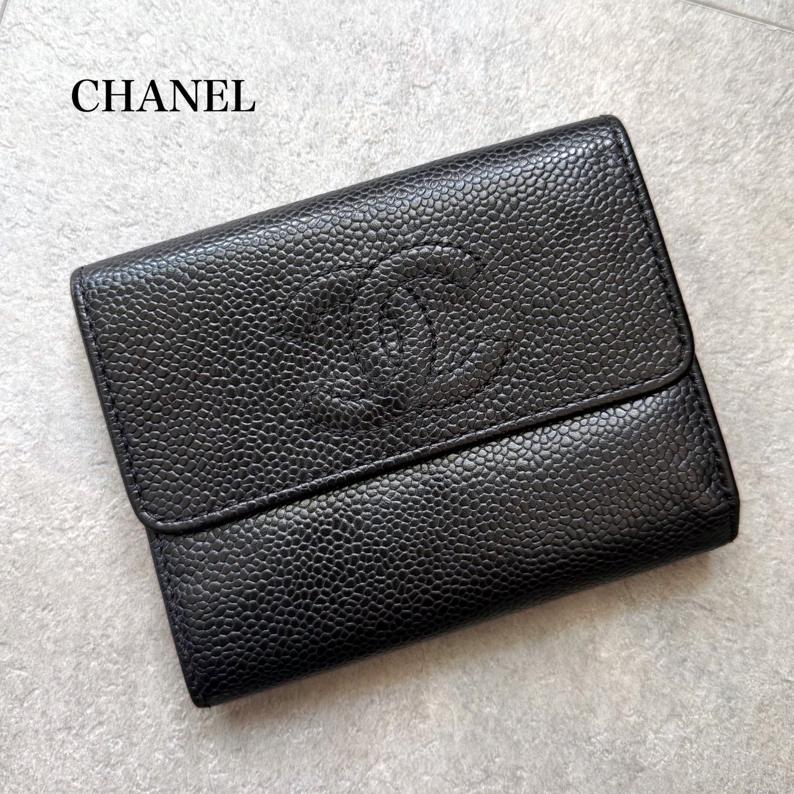 CHANEL シャネル タイムレスCC キャビアスキン 三つ折り財布 ブラック 