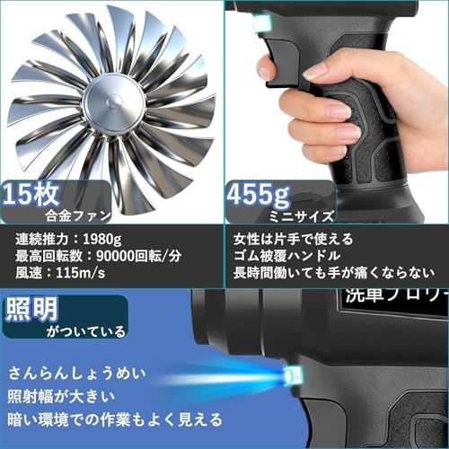 道具、工具 ブロワー 洗車 残量表示・LED照明付き【ブラシレスモーター 