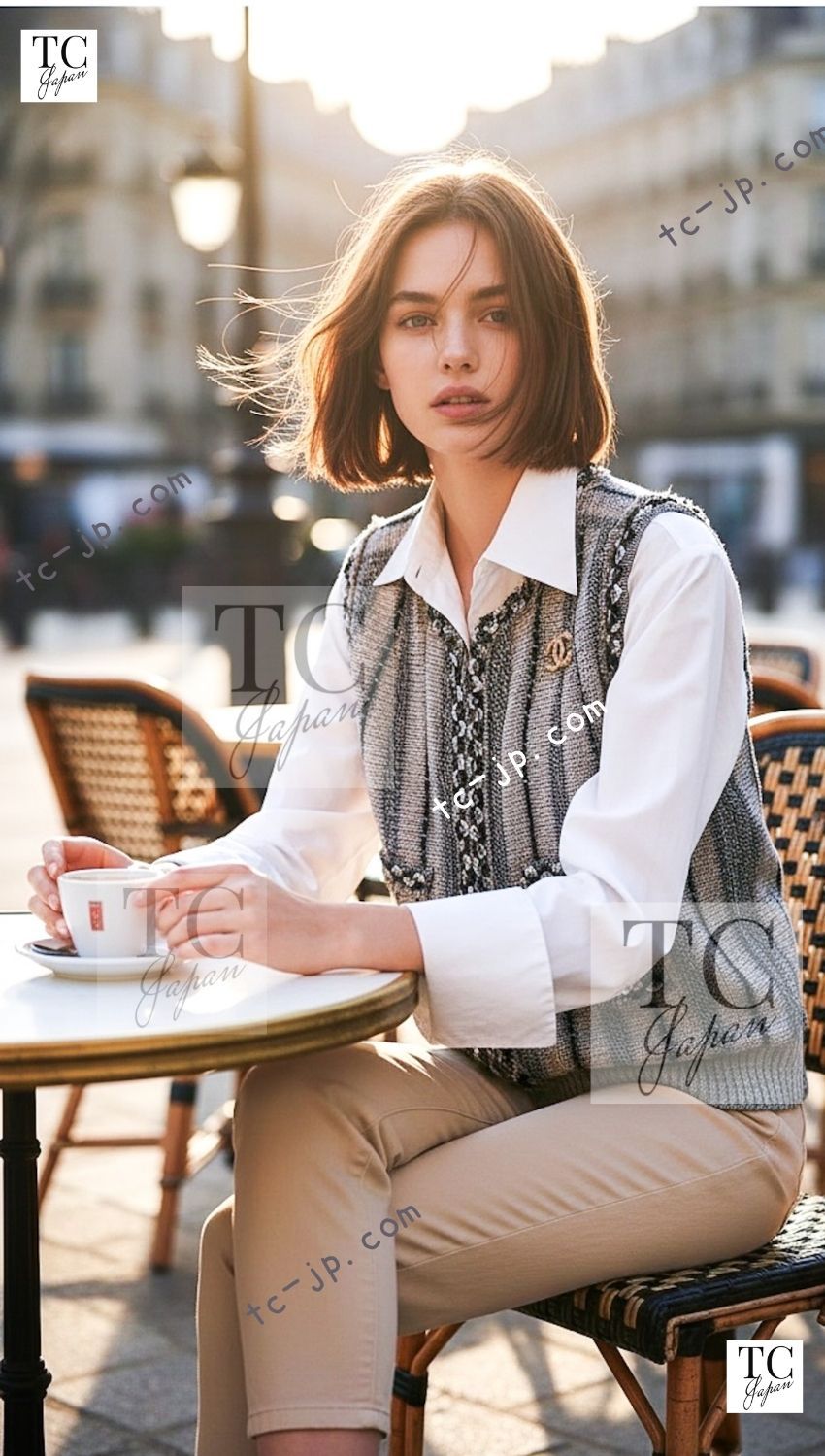 シャネル ベスト トップス CHANEL 美人見え ベージュ ネイビー シャネル ベスト トップス CHANEL 美人見え ベージュ ネイビー