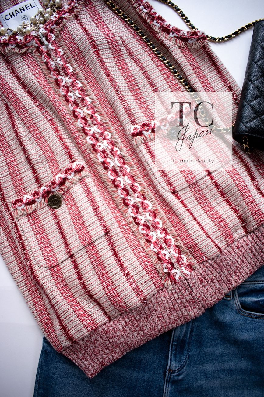 シャネル ベスト トップス CHANEL 美人見え ベージュ レッド 赤