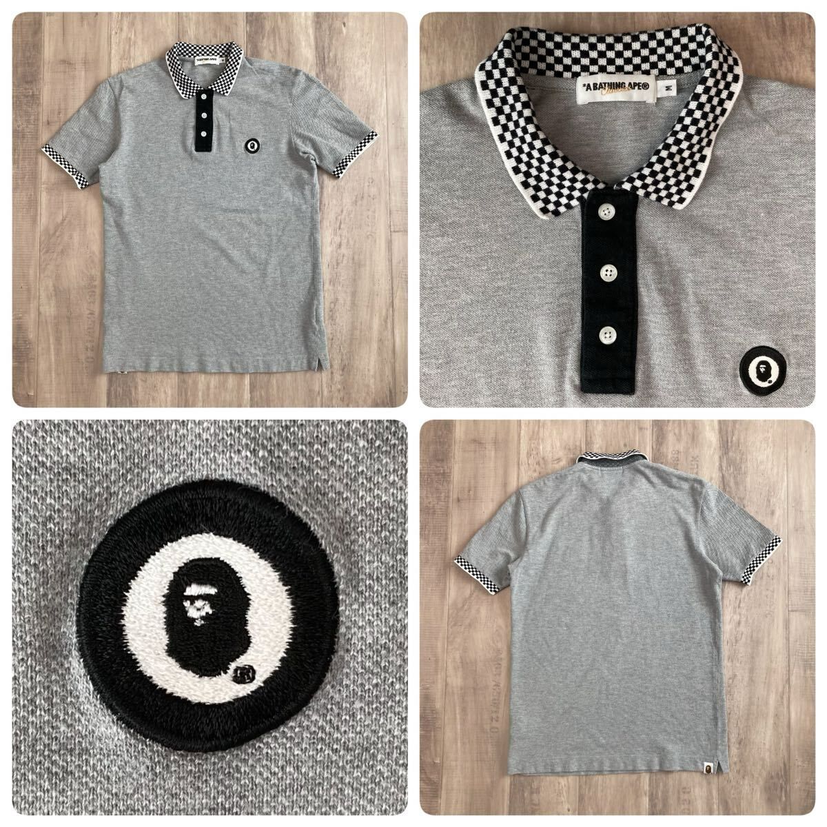 BAPE フラッグ チェック ポロシャツ Mサイズ グレー a bathing ape
