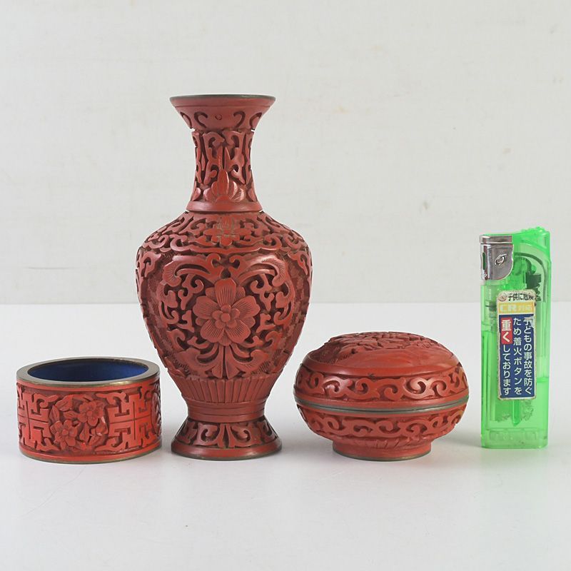 中国 古七宝 剔紅 堆朱 花文瓶 U R6247 【公式通販】