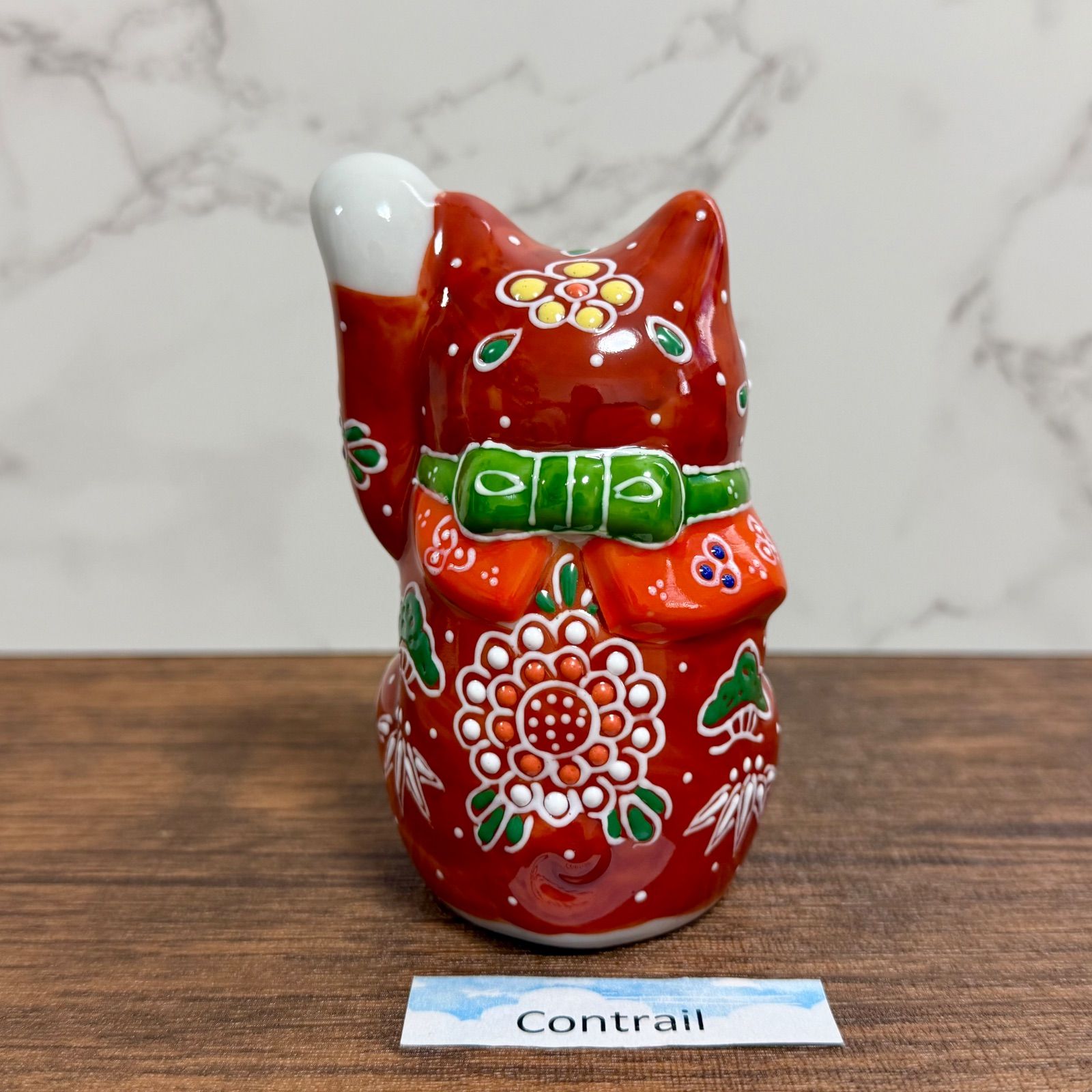  九谷焼 3.3号 招き猫 赤盛 左手 千客万来 縁起物 置物 Maneki Neko Lucky Cat Kutani Ware Red Mori 指輪収納 置物 インテリア小物
