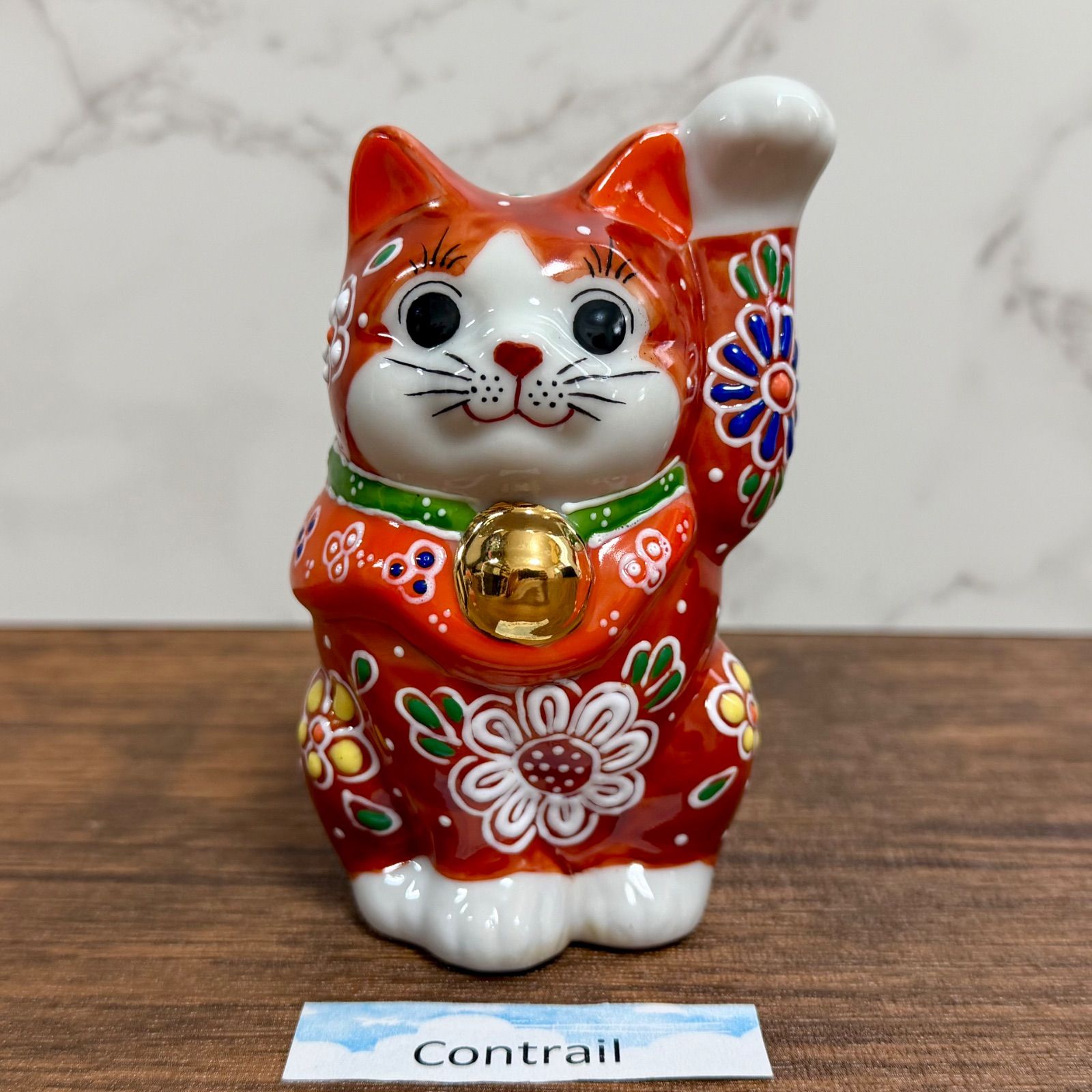 九谷焼】3.3号 招き猫 赤盛 左手 千客万来 縁起物 置物 Maneki Neko