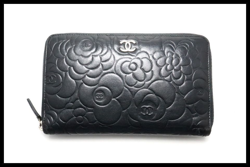 □CHANEL 14番台 カメリア SV金具 レザー 2つ折り長財布 シャネル