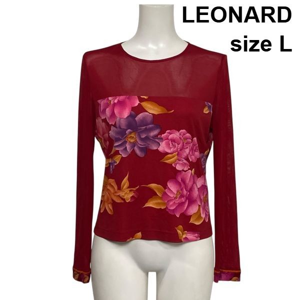 ◇ レオナール LEONARD 長袖カットソー 花柄 シアー 切替トップス プル