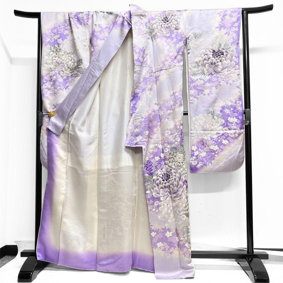 振袖 セミアンティーク 刺繍 銀彩 乱菊 菊花ラベンダーカラ 着物 015b 
