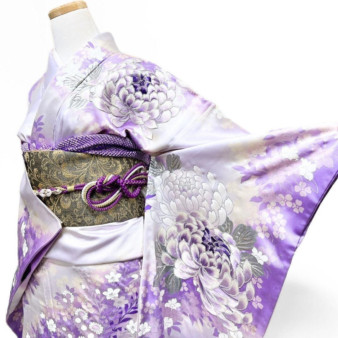 振袖 セミアンティーク 刺繍 銀彩 乱菊 菊花ラベンダーカラ 着物 015b 