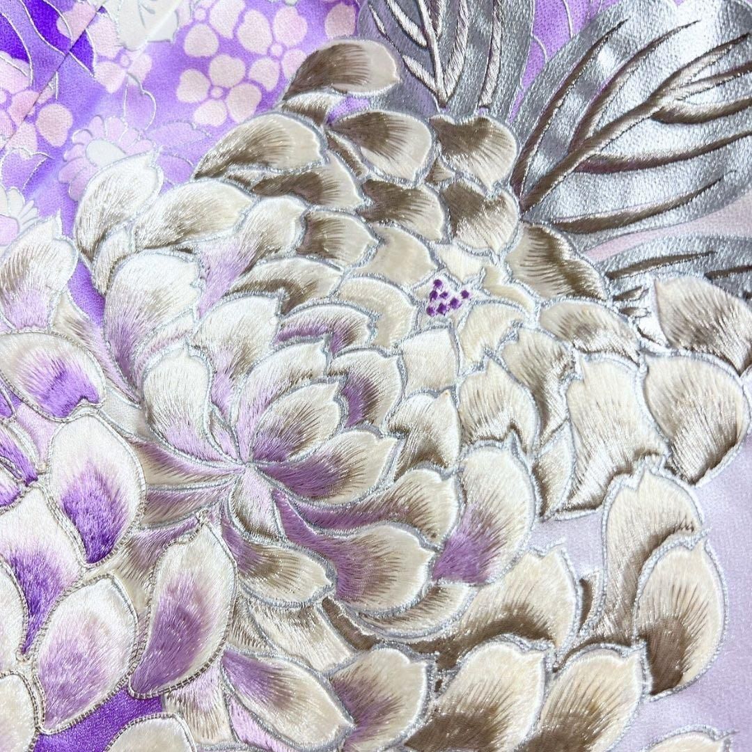 振袖 セミアンティーク 刺繍 銀彩 乱菊 菊花ラベンダーカラ 着物 015b 