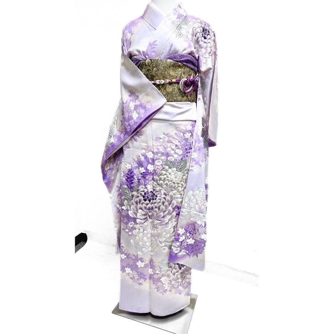 振袖 セミアンティーク 刺繍 銀彩 乱菊 菊花ラベンダーカラ 着物 015b 