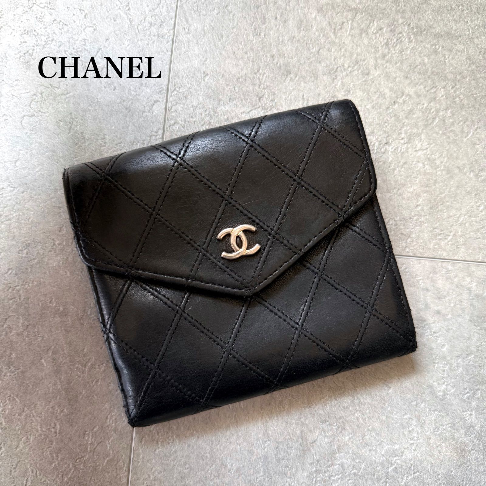 CHANEL シャネル ビコローレ 二つ折り財布 レザー Wホック ブラック 黒