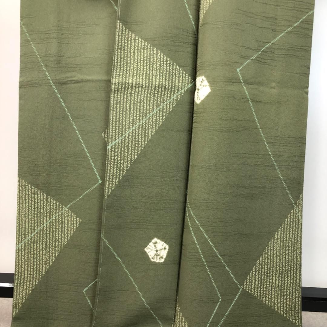 競ナビ】 小紋 美品 優品 手蜘蛛絞り よもぎ色 袷 161cm 61cm S 正絹 【