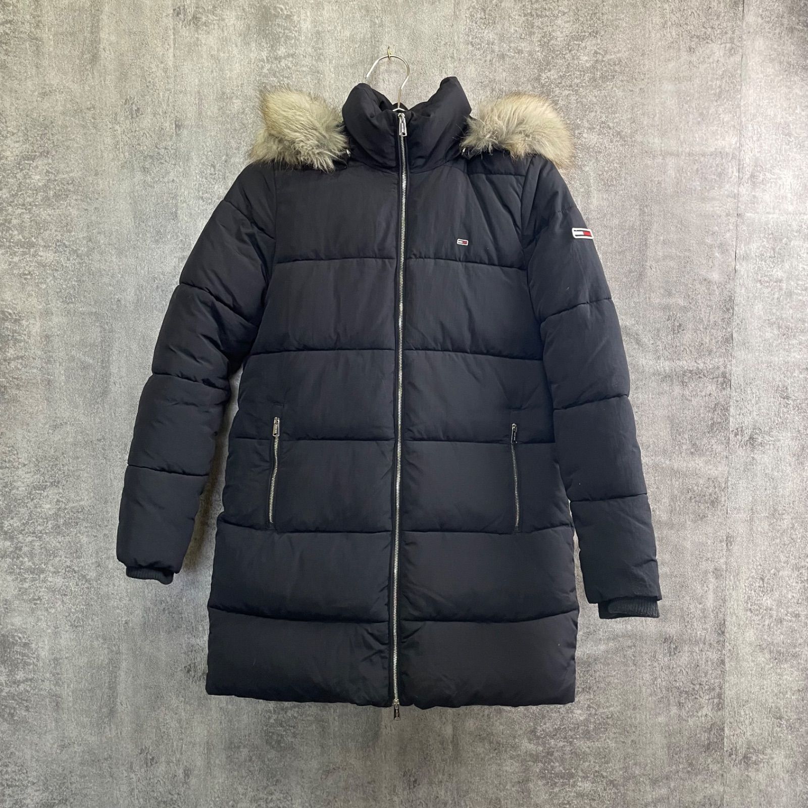 T-541】TOMMY JEANS S ダウンコート ブラック フードファー付き ロング 
