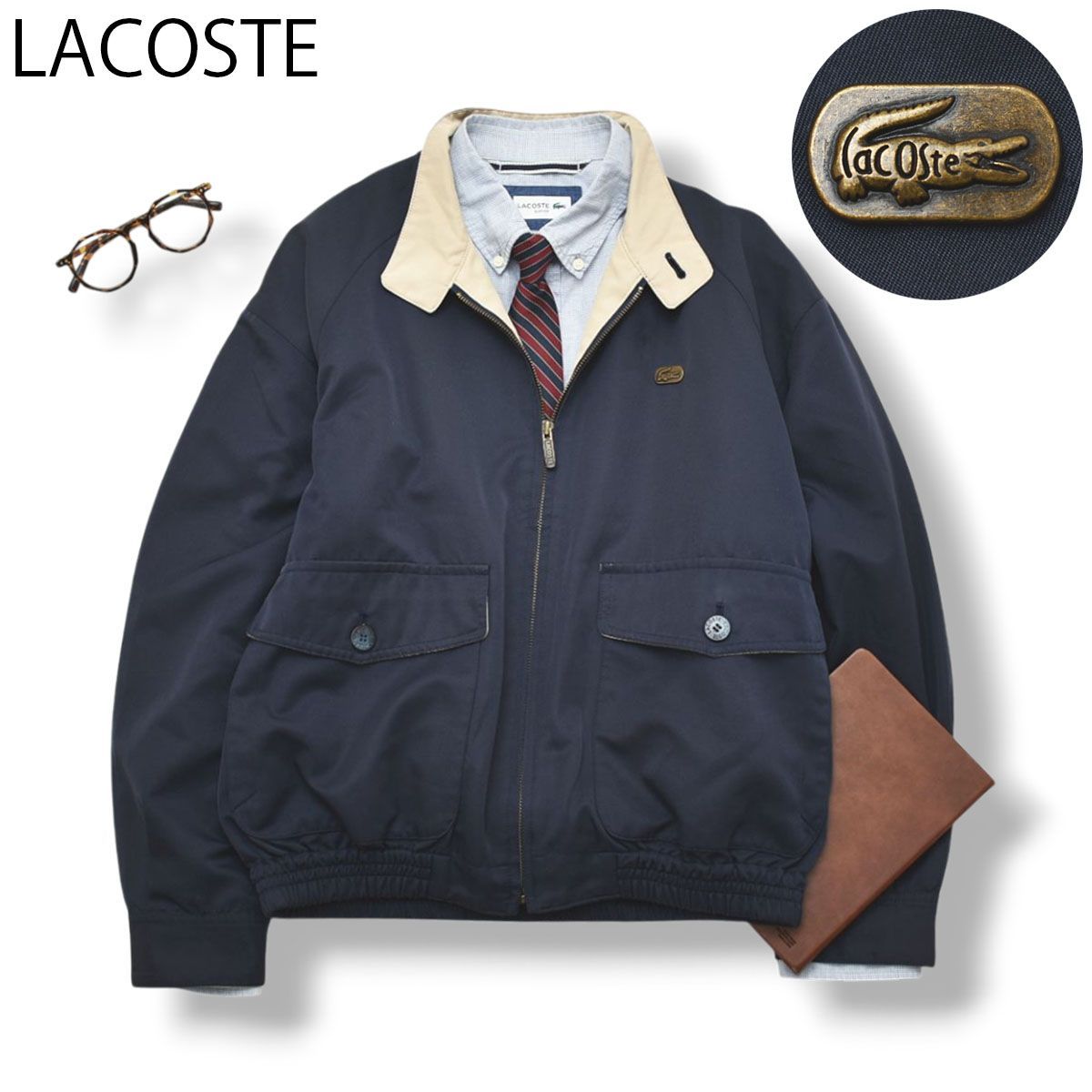 90s ヴィンテージ ラコステ LACOSTE スウィングトップ ジャケット ラグランスリーブ 裏地 メッシュ ワニ ロゴ 刻印 3 ネイビー x ベージュ トラッド フレンチ カジュアル メンズ