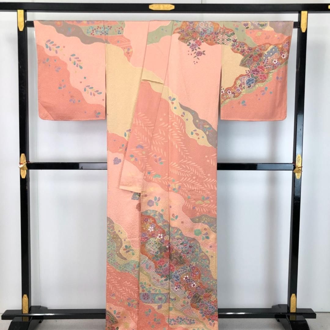 b676 正絹　袷　訪問着　紅型　金彩　トールサイズ　未使用しつけ付極美品　着物 b676 正絹 袷 訪問着 紅型 金彩 トールサイズ 未使用しつけ付極美品