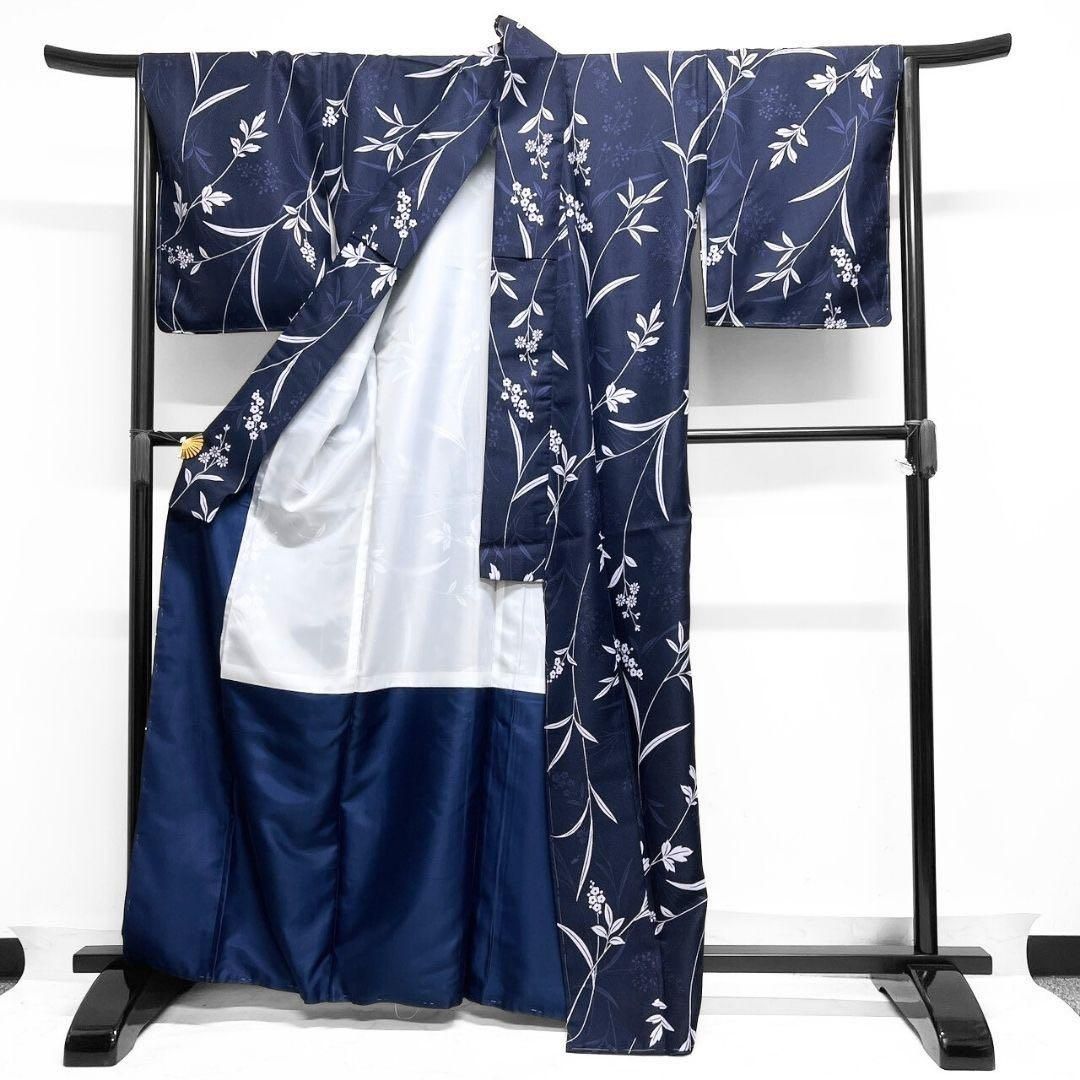 未着用 洗える着物 小紋 花模様 リーフ模様 ネイビー 着物 015b p
