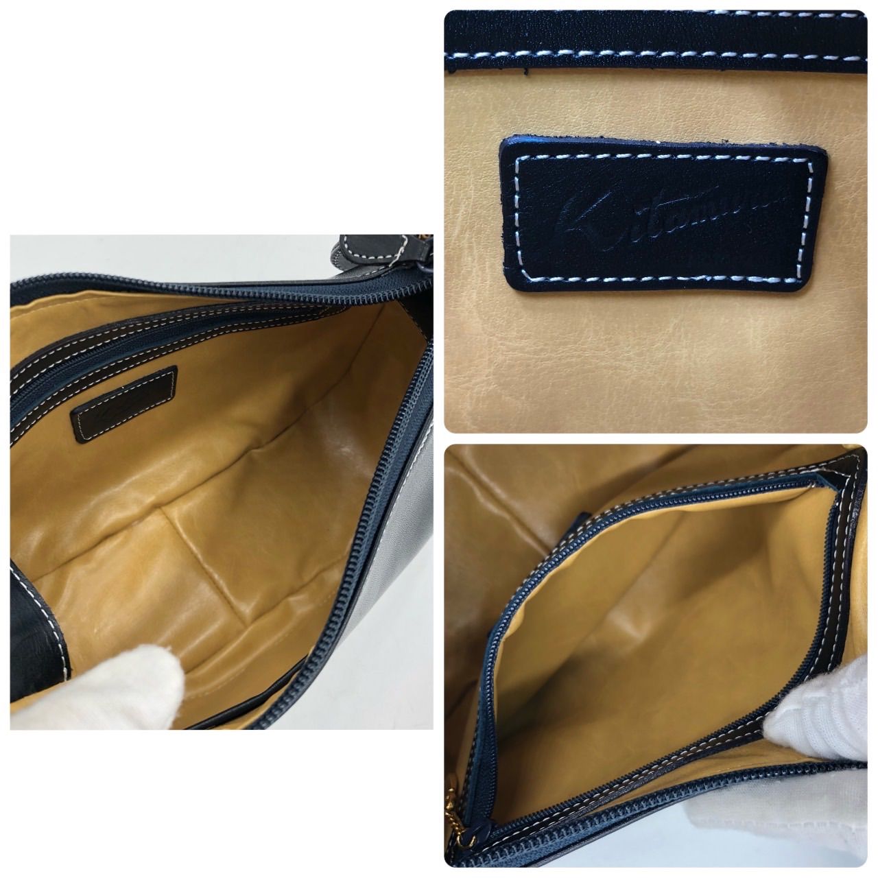 美品 キタムラ Kitamura ハンドバッグ レザー 黒 ネイビー Kロゴ 