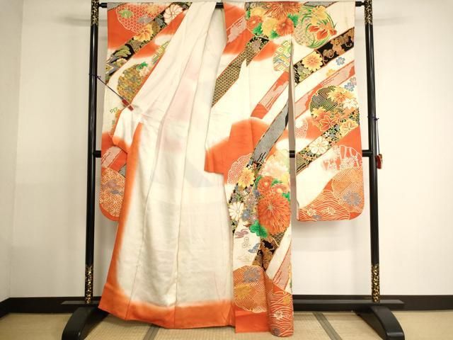 振袖フルセット6点サイズS〜M 駒刺繍　御所車飛鶴花文　暈し染め　金彩　正絹 平和屋着物□豪華振袖 駒刺繍 雪輪花文 暈し染め 金彩 正絹