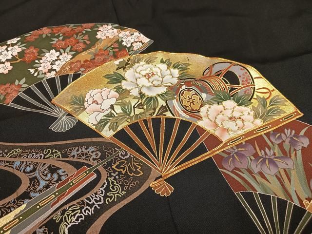 平和屋着物□豪華黒留袖 駒刺繍 扇面花鼓文 金彩 上代33万