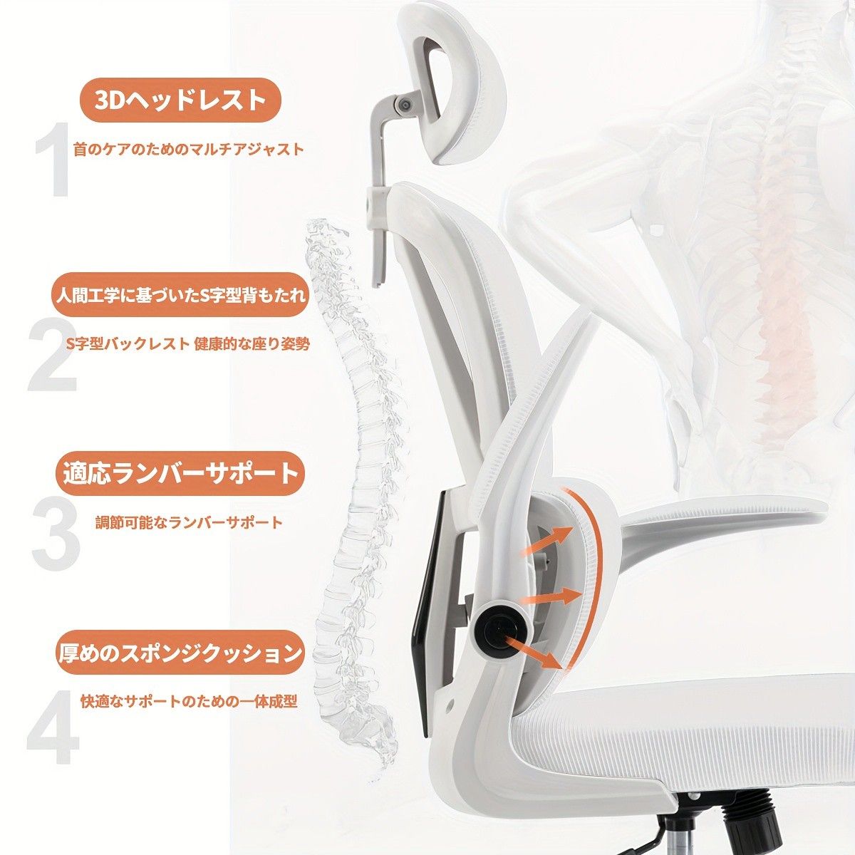 高機能オフィスチェア メモリーフォーム腰サポート＆ヘッドレスト付 360回転スイベル 頑丈金属フレーム在宅ワーク|書斎用 選択可 ホワイト ブラック グレー