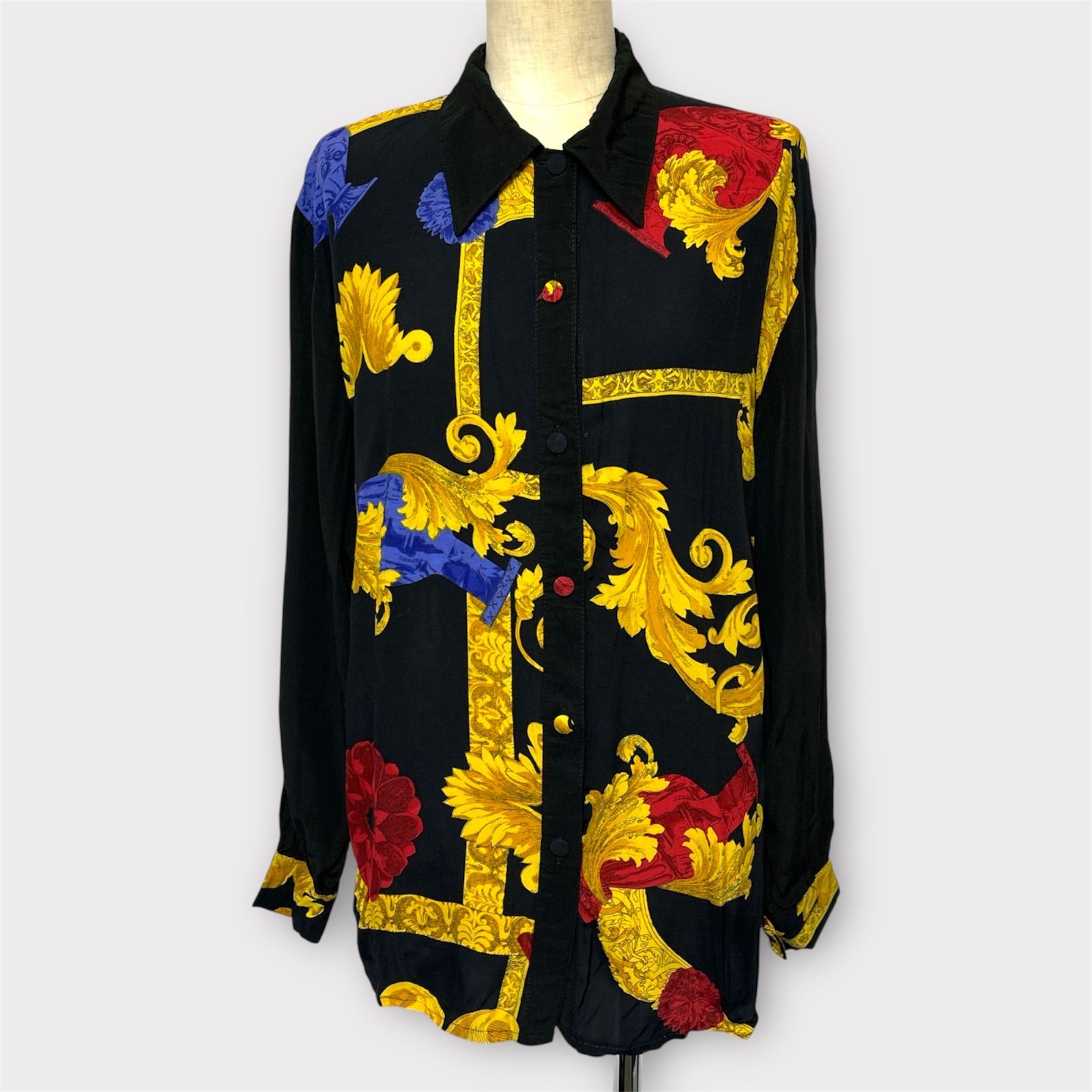 90s ヴィンテージ バロック柄 総柄シャツ ブラック 古着 レディース 
