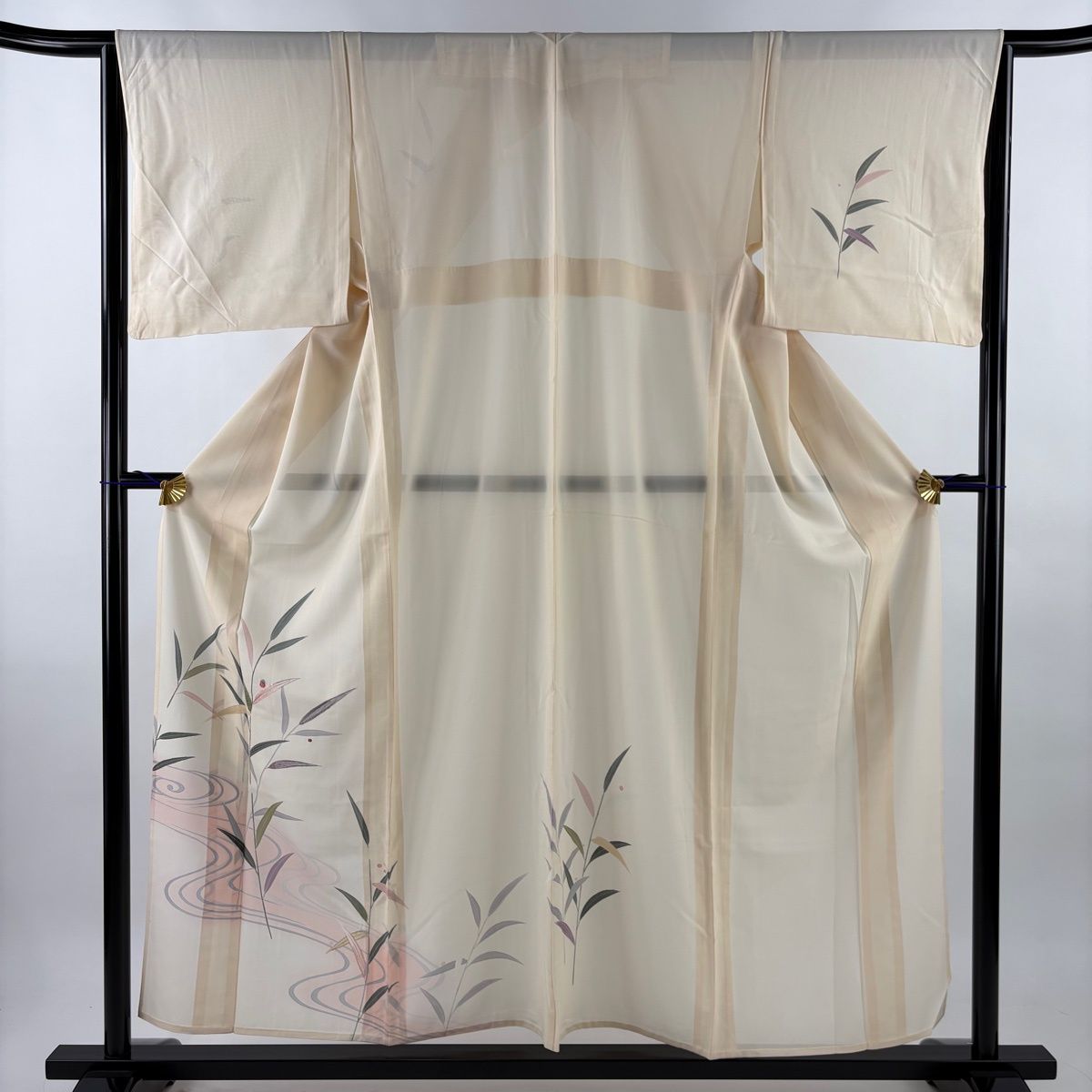 美品】 訪問着 身丈158.5cm 裄丈65cm M 袷 枝梅 墨流し 灰白 正絹 秀品