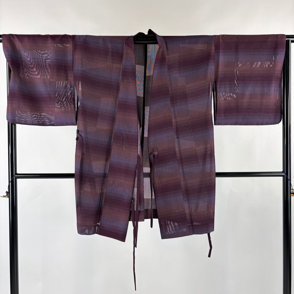 美品】 道中着 身丈90cm 裄丈68cm L 和装コート 市松 紫 化繊 秀品 