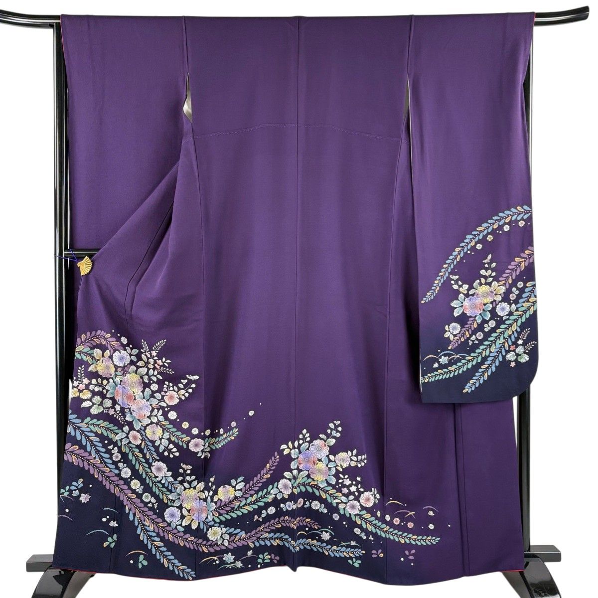振袖 身丈160cm 裄丈66cm M 袷 菊 霞 染め分け 縮緬 朱色 正絹 名品 