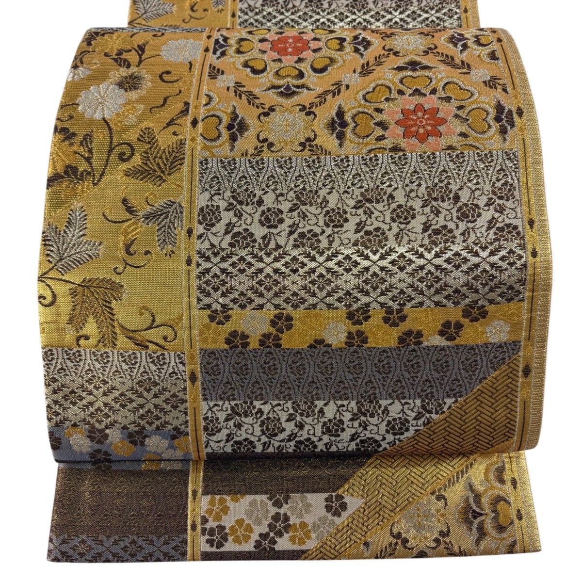 袋帯 美品 秀品 華文 横段 箔 金銀糸 金色 六通 正絹 【中古】 六通 秀