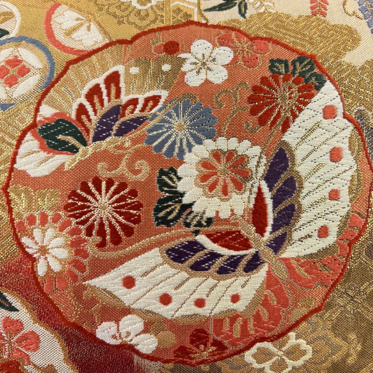 袋帯 秀品 花鳥 芝 唐織 箔 よもぎ色 六通 正絹 【中古】 唐織 秀品
