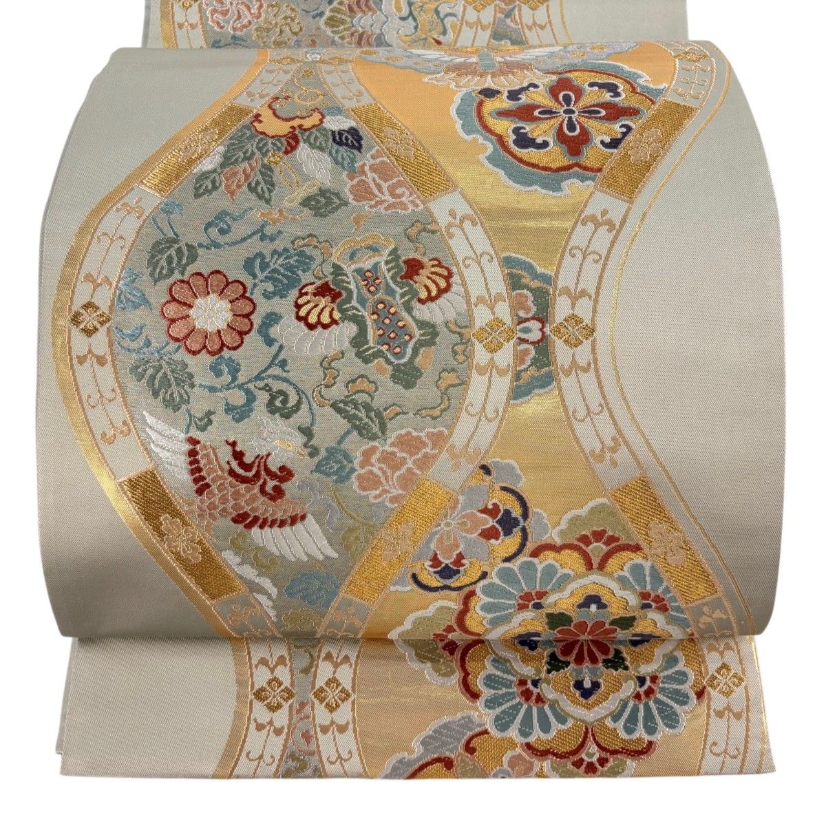 袋帯 名品 華文 花鳥 唐織 箔 灰色 六通 正絹 【】 【公式通販】