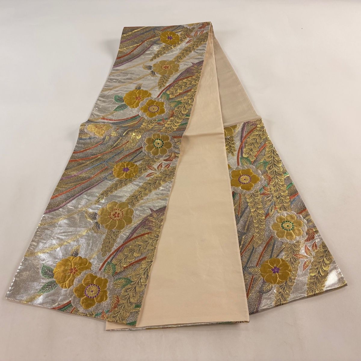 袋帯 美品 名品 華文 鳥 金銀糸 箔 青灰色 六通 正絹 【中古】 【公式