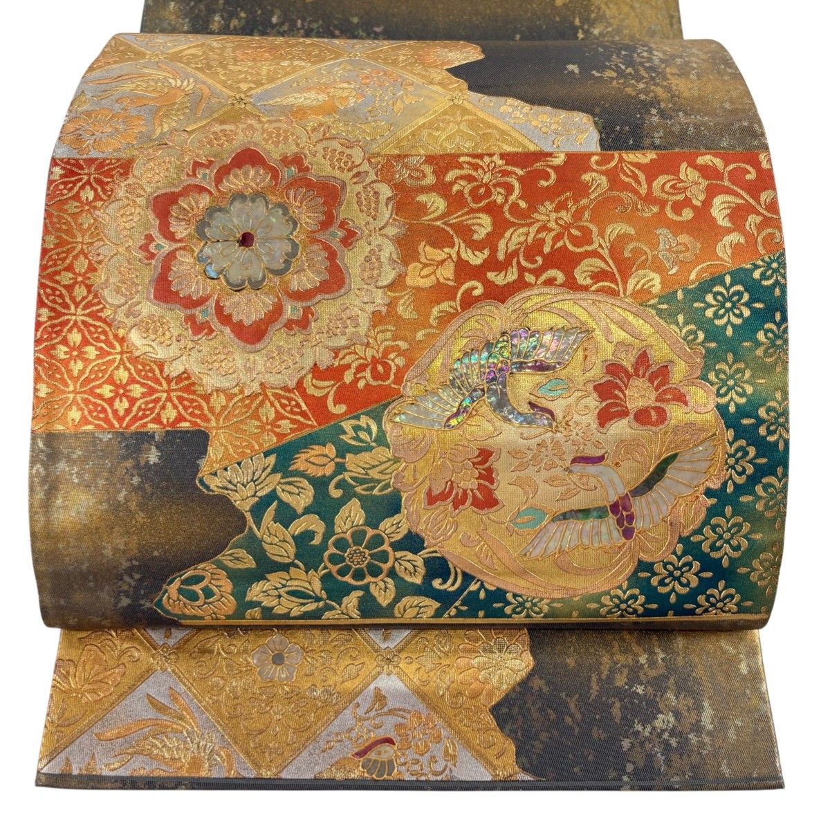 袋帯 お太鼓柄 華文 金色 秀品 螺鈿 正絹 金彩 名品 美品 中古 鳳凰