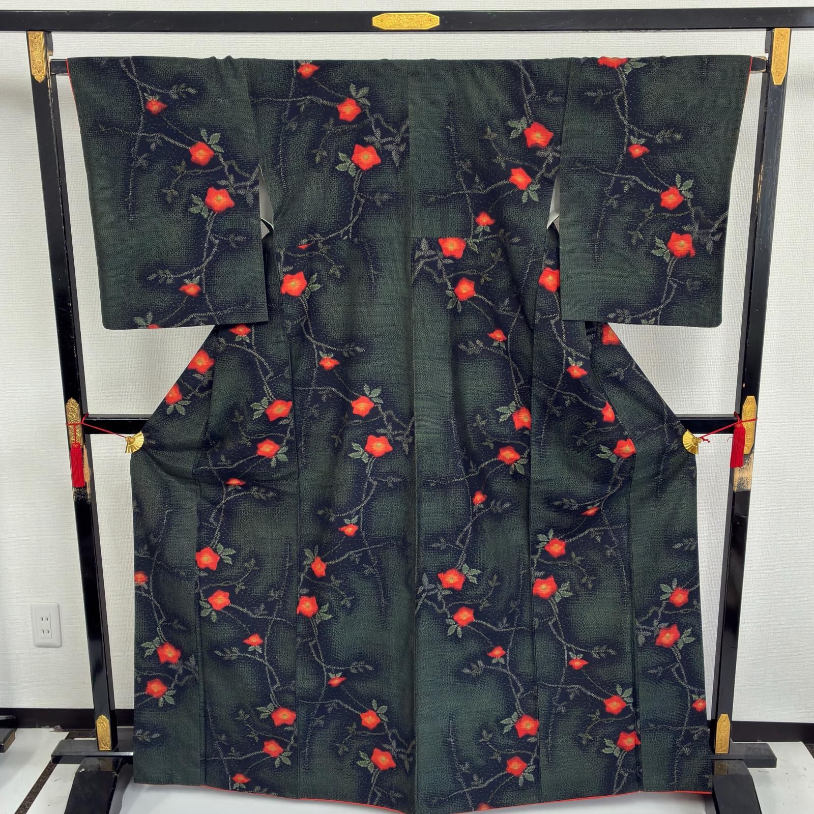 紬袷 紬 裄66.5 正絹 藍染め 唐草絣 袷 着物 KK-3281 【楓】 正絹