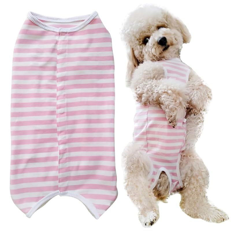 【新品】 KUVEELA PET 術後服 犬 服 犬用品 術後ウェア 術後カバー服 エリザベスカラーの代わる 保護服 雄 雌兼用 避妊 離乳 傷口保護 皮膚病 通気 夏用 小型犬 中型犬（ＸＬ、ピンクボーダー） 0