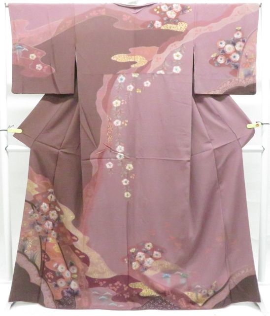 一輝堂】訪問着 金彩 ちりめん 辻ヶ花 正絹 着物 身丈約169cm 裄 一輝堂】訪問着 金彩 ちりめん 辻ヶ花 正絹 着物 身丈約169cm 裄