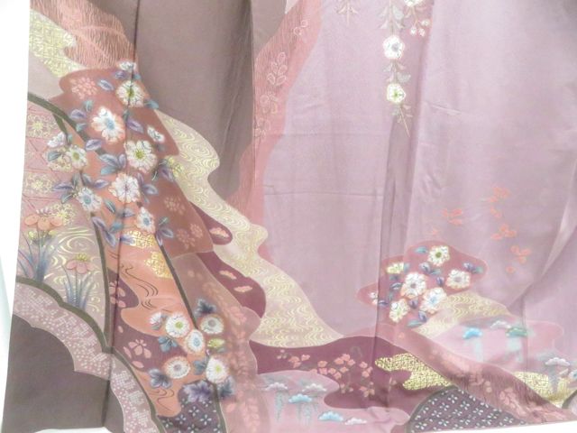 一輝堂】訪問着 金彩 ちりめん 辻ヶ花 正絹 着物 身丈約169cm 裄 一輝堂】訪問着 金彩 ちりめん 辻ヶ花 正絹 着物 身丈約169cm 裄