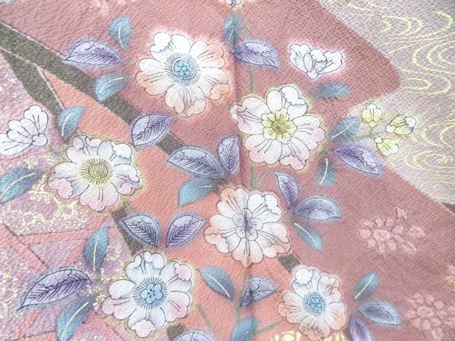一輝堂】訪問着 金彩 ちりめん 辻ヶ花 正絹 着物 身丈約169cm 裄 一輝堂】訪問着 金彩 ちりめん 辻ヶ花 正絹 着物 身丈約169cm 裄