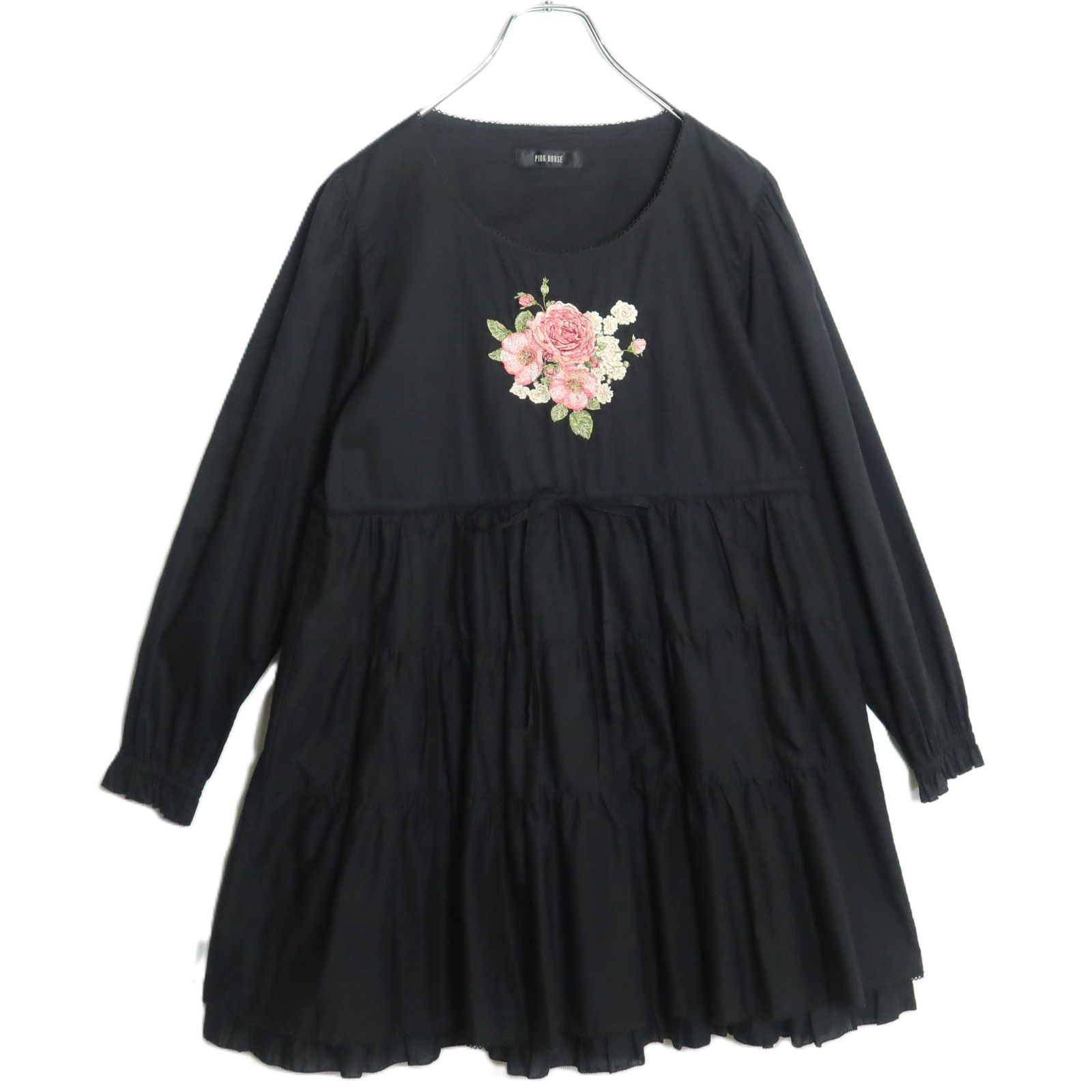 ピンクハウス☆ローズ刺繍♪ローンチュニック ブラウス 黒系 