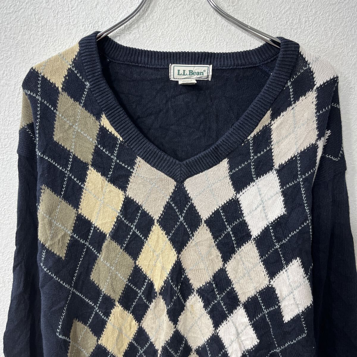 90s～ スコットランド製 L.L.Bean コットンニット セーター M ネイビー 
